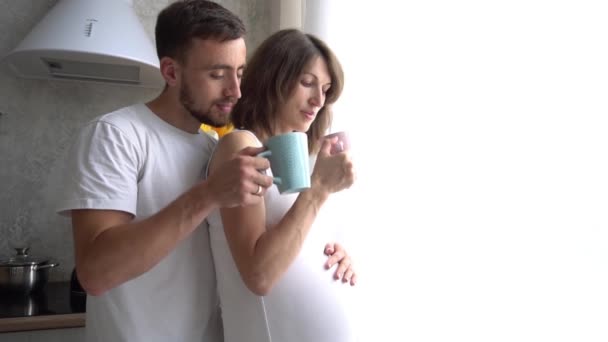 Slow Motion Happy Young Couple Drink Coffee Home — Stock Video