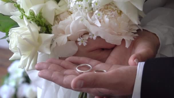 Movimento Lento Dois Anéis Casamento Nas Mãos — Vídeo de Stock
