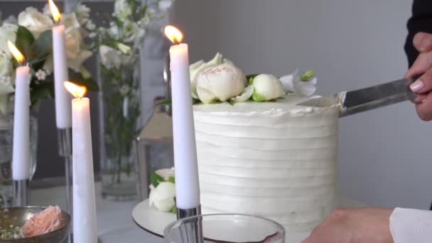 Bride Groom Cutting Wedding Cake Newlyweds Cuts Slice Cake — Stock Video