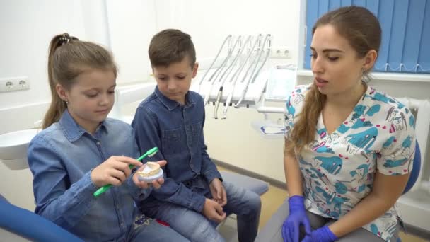 Dentist Tells Children How Brush Teeth — Stockvideo
