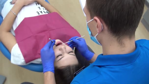 Slow Motion Amazing Smile Top View Dentist Examining His Beautiful — Stockvideo