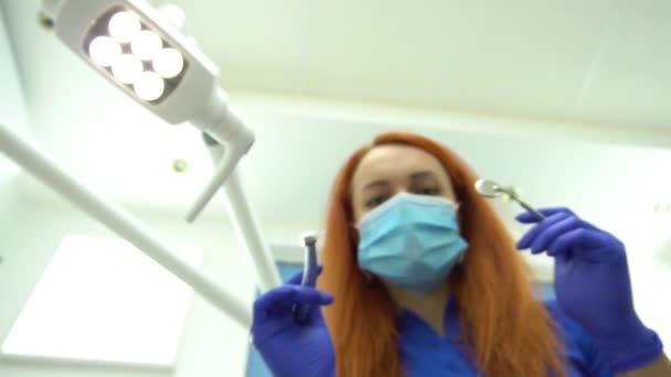 Smiles Come Alive Young Female Dentist Looks Teeth Open Patient — Stockvideo