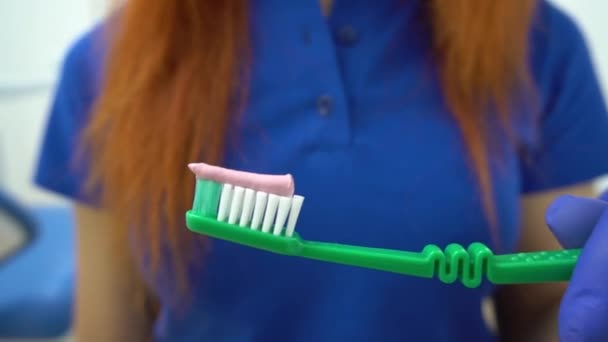 Dentist Applies Toothpaste Toothbrush Daily Oral Hygiene — Stock Video