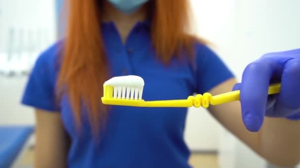 歯ブラシの保持と歯磨き粉を置く若い女性 — ストック動画