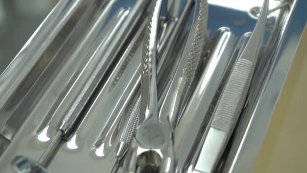 Slow Motion Metallic Dentist Tools Close Dentist Clinic — Stockvideo