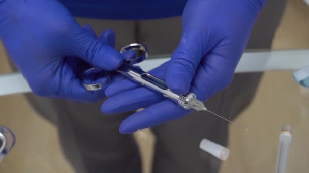 Slow Motion Medic Hands Blue Protective Gloves Anaesthesia Syringe — Stockvideo