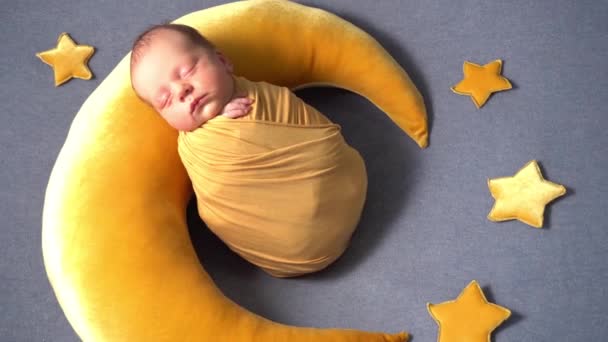 Newborn Baby Sleeps Moon Stars — Stockvideo