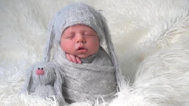 Recién Nacido Posan Capullo Con Orejas Cabeza Juguete Conejitos Sobre — Vídeos de Stock