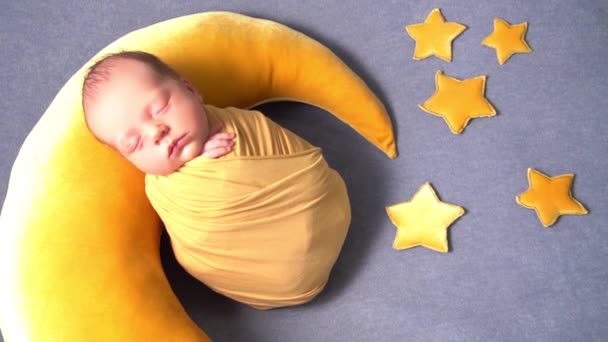 Slow Motion Cute Newborn Baby Sleeping Moon Pillow — Stock Video