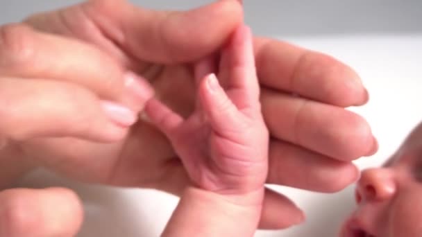 Ujęcie Bliska Małych Noworodków Delikatnych Rękach Matek Pojęcie Rodziny — Wideo stockowe