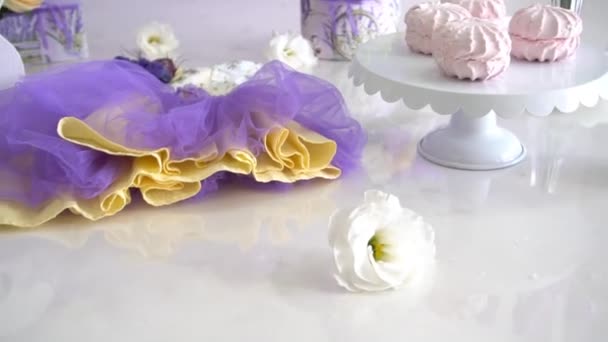 Fioletowa Sukienka Małej Dziewczynki Ozdobiona Pastelowymi Kolorami Dekoracja Kwiatów — Wideo stockowe