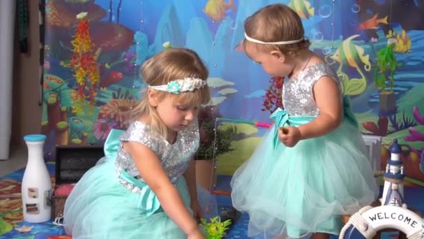 Slow Motion Two Cute Girls Playing Marine Decoration — Stockvideo