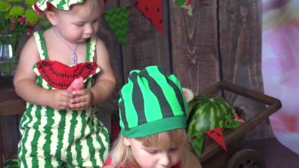 Slow Motion Happy Girls Eating Watermelon — Stock Video