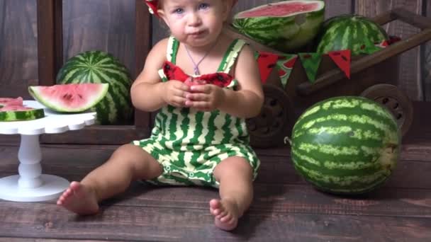 Slow Motion Glückliches Kind Das Wassermelone Isst Glückliches Kind Lächelnd — Stockvideo