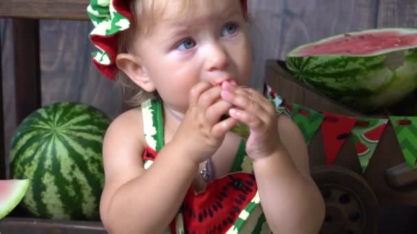 Slow Motion Porträt Eines Glücklichen Kleinen Mädchens Das Wassermelonen Isst — Stockvideo
