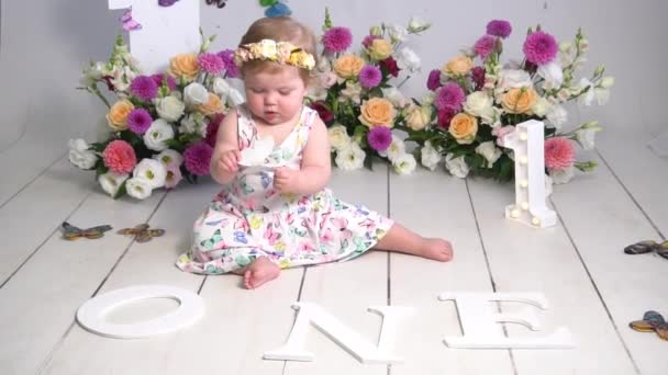 Slow Motion Little Cute Girl Celebrates Her Birthday Year Old — Stock Video