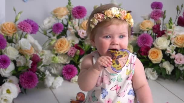 Zeitlupe Ein Kleines Süßes Baby Kleid Sitzt Auf Dem Hintergrund — Stockvideo