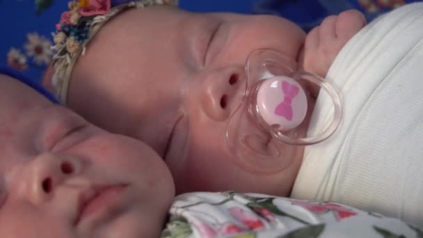 Movimento Lento Recém Nascidos Filhos Gêmeos Dorme Juntos — Vídeo de Stock