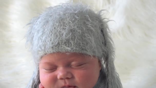 Cute Newborn Wearing Hat Hare Ears — Stock Video