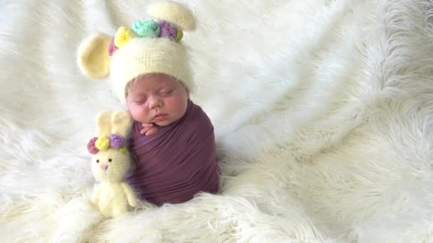 Newborn Baby Swaddled Dressed Knitted Bunny Hat Sleeping Cute Toys — Stock Video