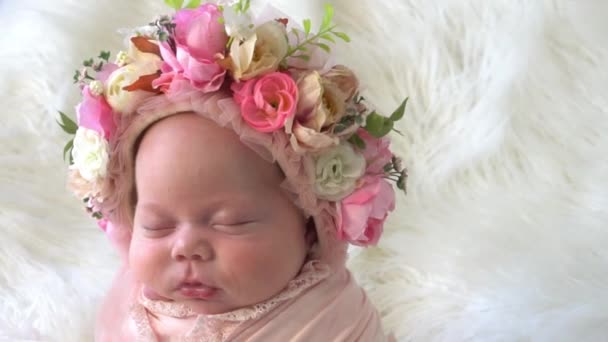 Swaddled Beautiful Newborn Baby Girl Flower Wreath Her Head Sleeping — Stockvideo