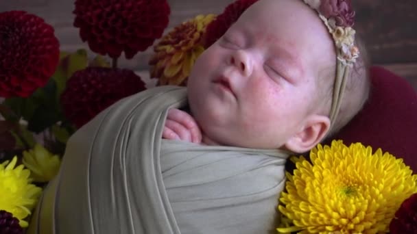 Little Adorable Newborn Baby Girl Sleeps White Wooden Handmade Basket — Stockvideo