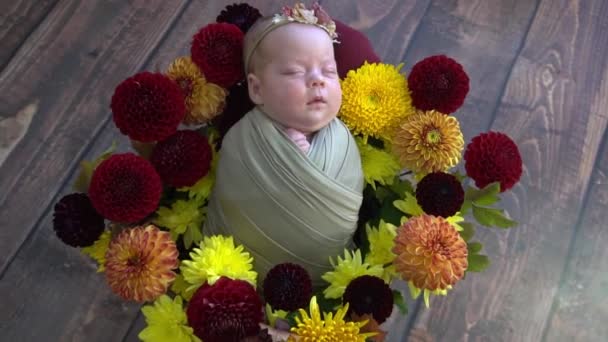 Bebé Recién Nacido Durmiendo Envuelto Tela Cesta Decorada Con Flores — Vídeos de Stock