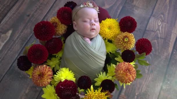 スローモーション花の美しい女の子 花を持つ新生児 — ストック動画