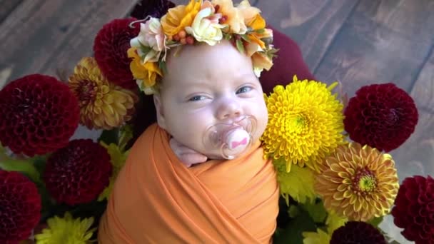 천천히 귀여운 갓난아기 꽃으로 장식된 대야에서 — 비디오