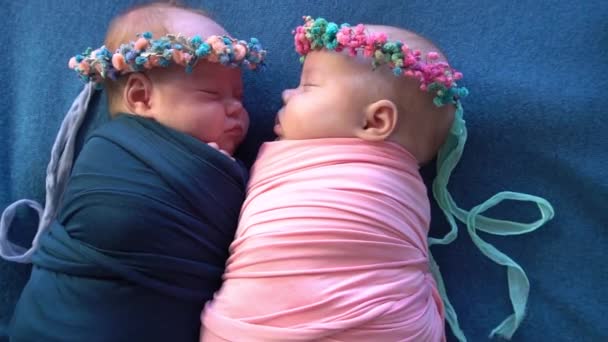 二つの可愛いです双子赤ちゃん眠っています同じポーズ — ストック動画