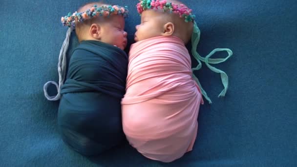 Slow Motion Newborn Fraternal Twin Girls — Stock Video