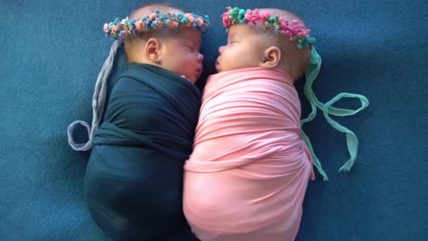 Slow Motion Newborn Babies Twin Sisters Sleeping — Stock Video