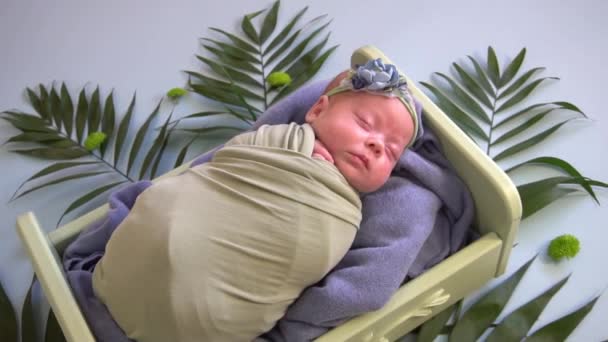 Yeni Doğmuş Bebek Örgü Oyuncaklarla Süslü Minicik Bir Yatakta Uyuyor — Stok video