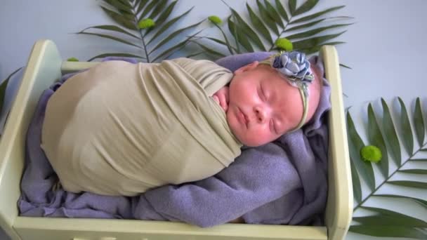Bebé Recién Nacido Dormido Una Pequeña Cama Madera Rodeada Flores — Vídeos de Stock