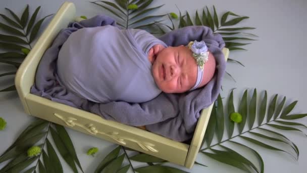 Neonato Bambina Dormire Minuscolo Letto — Video Stock
