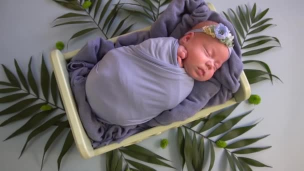 Neonato Una Bambina Sdraiata Una Culla Letto Decorato Con Foglie — Video Stock