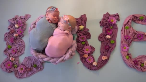 Медленное Движение Новорожденных Сестры Близнецы Спят — стоковое видео