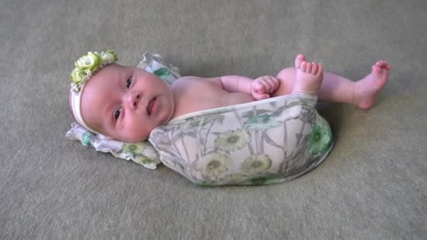 Cute Newborn Baby Lies Swaddled Color Blanket Copy Space Top — Stockvideo