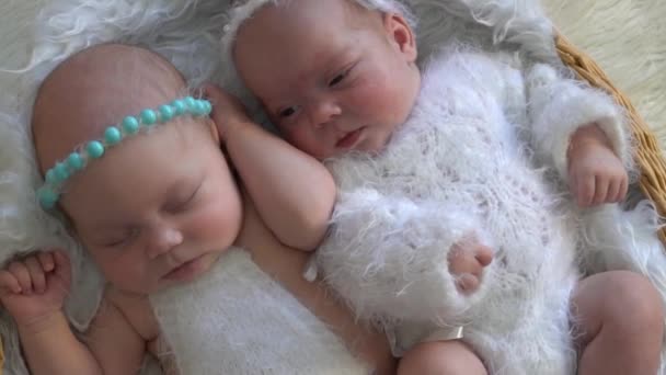 Newborn Fraternal Twin Boys Asleep Blankets Wooden Crates — Stock Video