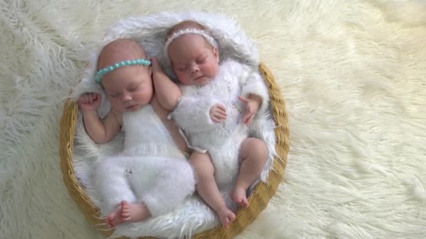 Das Schlafende Neugeborene Liegt Auf Dem Weißen Fell Neugeborene Zwillinge — Stockvideo