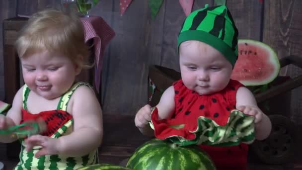 Zeitlupe Porträt Eines Kleinen Kindes Mit Wassermelone — Stockvideo