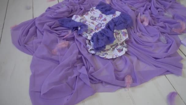 Kinderkleding Accessoires Violette Jurk Witte Roos Bloemen Marshmallow — Stockvideo