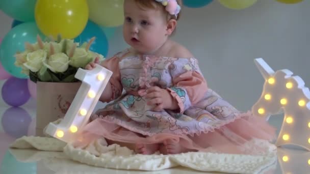 Slow Motion First Birthday Baby Beautiful Little Girl Celebrating — 비디오