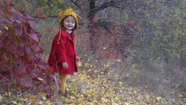 Κοριτσάκι Πορτοκαλί Καπέλο Και Κόκκινο Φόρεμα Στο Πάρκο Του Φθινοπώρου — Αρχείο Βίντεο