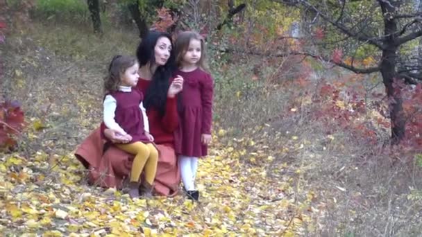 Madre Hijas Parque Disfrutando Hermosa Naturaleza Otoñal — Vídeo de stock