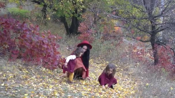 Happy Family Relaxing Outdoors Autumn Park — Stock Video