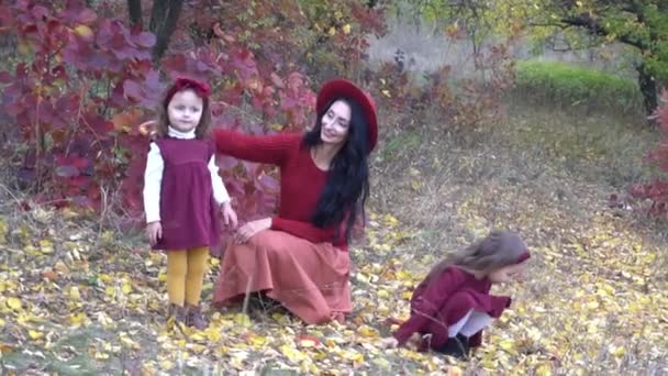 Μητέρα Και Κόρες Διασκεδάζουν Στο Φθινοπωρινό Πάρκο Ανάμεσα Στα Φύλλα — Αρχείο Βίντεο