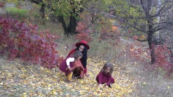 Slow Motion Children Mother Playing Golden Maple Leaves Autumn Park — 비디오