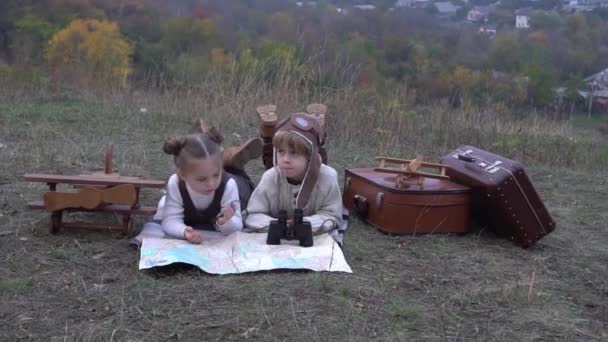 Happy Child Playing Pilot Aviator Dreams Outdoors Autumn — Stock Video