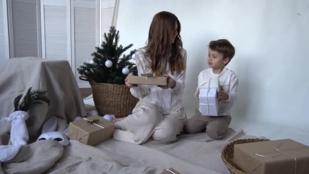 Slow Motion Portrait Happy Mother Adorable Boy Celebrate Christmas — Stockvideo